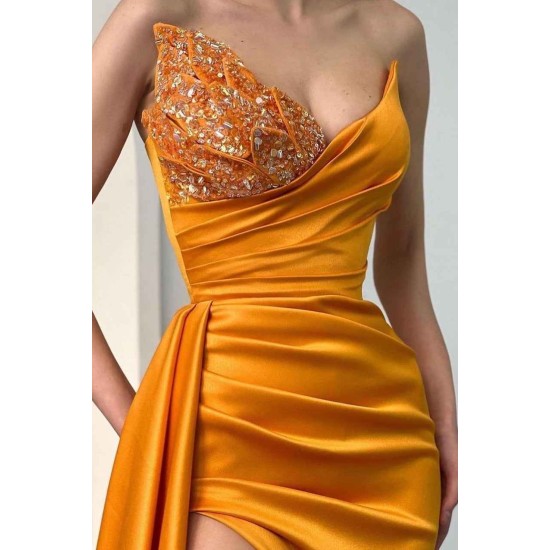 Sweetheart Orange Half-Beaded Long High Split Prom Dress with Half train