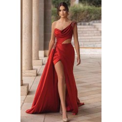 Burgundy One-shoulder High Split Long Prom Dress with Half train