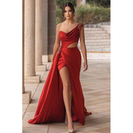 Burgundy One-shoulder High Split Long Prom Dress with Half train