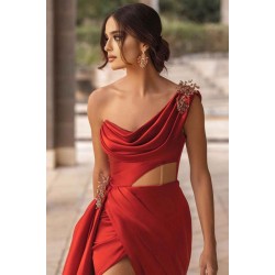 Burgundy One-shoulder High Split Long Prom Dress with Half train