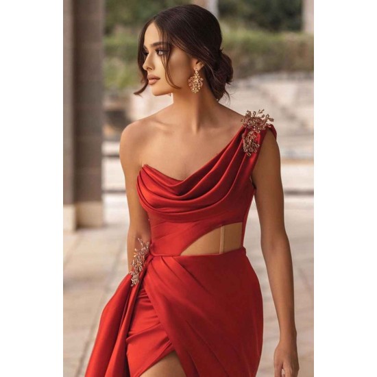 Burgundy One-shoulder High Split Long Prom Dress with Half train