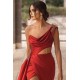 Burgundy One-shoulder High Split Long Prom Dress with Half train