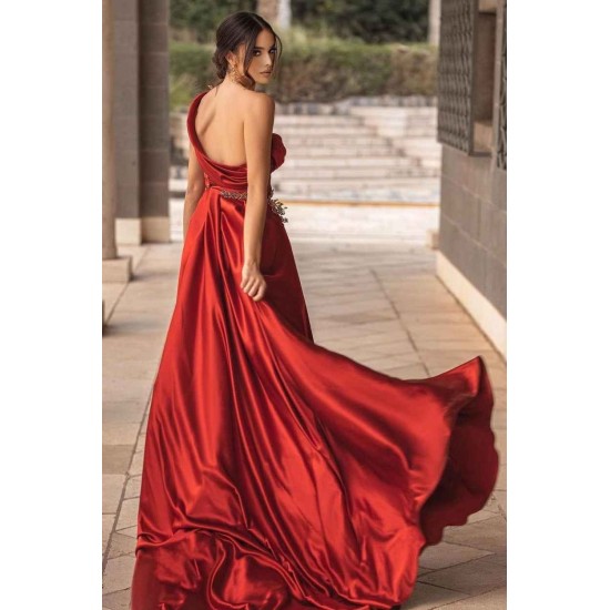 Burgundy One-shoulder High Split Long Prom Dress with Half train