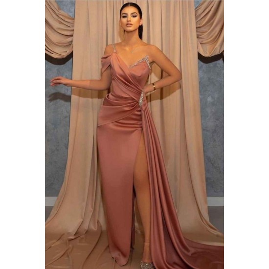Cap sleeves One-shoulder High Split Long Prom Dress with Sparkle Beads