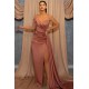Cap sleeves One-shoulder High Split Long Prom Dress with Sparkle Beads