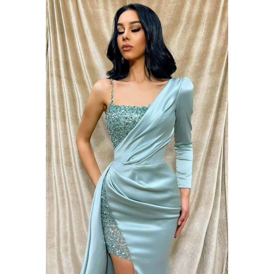 Sparkle Beads One shoulder Long sleeves Sequin High Split Long Prom Dress