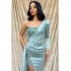 Sparkle Beads One shoulder Long sleeves Sequin High Split Long Prom Dress