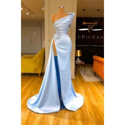 Sky Blue One shoulder High split Beaded Long Mermaid Prom Dress