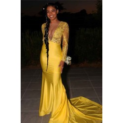 Chic Round Neck Lace Sleeves Intimate Prom Dresses Yellow Party Gowns