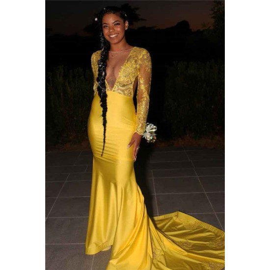 Chic Round Neck Lace Sleeves Intimate Prom Dresses Yellow Party Gowns