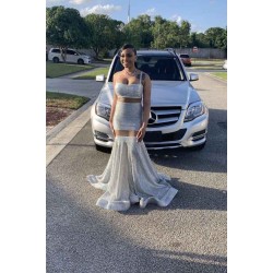 Popular Spaghetti Sequins Illusion Sweep Train Mermaid Prom Dresses