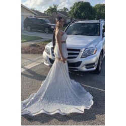 Popular Spaghetti Sequins Illusion Sweep Train Mermaid Prom Dresses