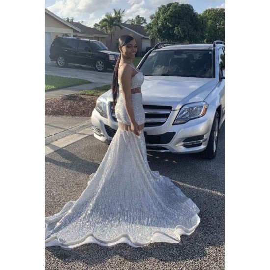 Popular Spaghetti Sequins Illusion Sweep Train Mermaid Prom Dresses