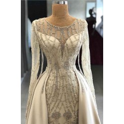 Shining Beaded Long Sleevess Round Neck Prom Dresses With Over Skirt A Line Evening Gowns
