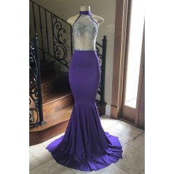 Crystal Beading Illusion Top Halter Long Mermaid Prom Gowns