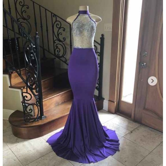 Crystal Beading Illusion Top Halter Long Mermaid Prom Gowns