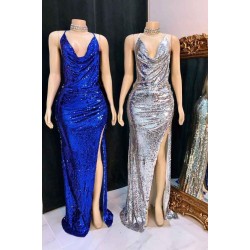 Shinning Sequins V-neck Sleeveless Front Slit Mermaid Prom Dresses