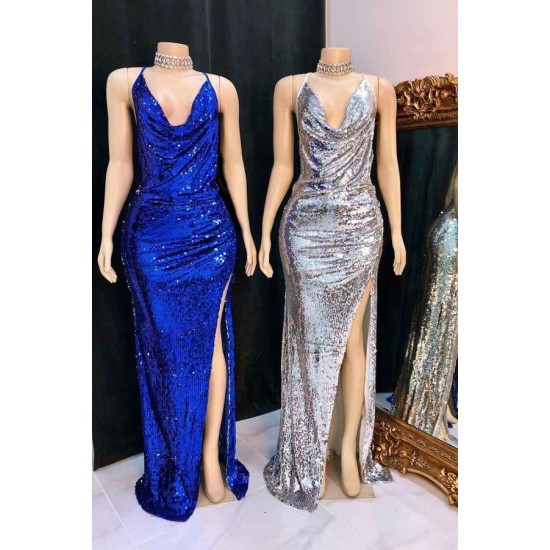 Shinning Sequins V-neck Sleeveless Front Slit Mermaid Prom Dresses