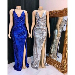 Shinning Sequins V-neck Sleeveless Front Slit Mermaid Prom Dresses