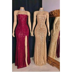 Spaghetti-straps Criss-cross Long Slit Sequins Mermaid Prom Dresses