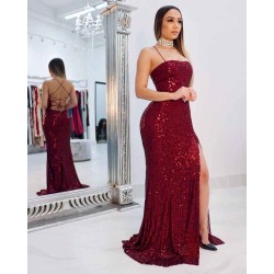 Spaghetti-straps Criss-cross Long Slit Sequins Mermaid Prom Dresses