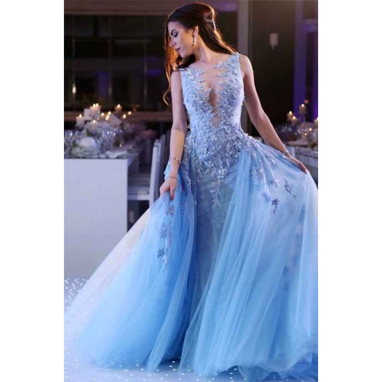Popular Sky Blue Lace Prom Dresses On Sale Sleeveless Overskirt Tulle Evening Dresses