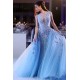 Popular Sky Blue Lace Prom Dresses On Sale Sleeveless Overskirt Tulle Evening Dresses
