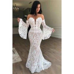 Off-the-Shoulder Lace Evening Dress Chic Strapless Bell Sleeves Prom Dresses