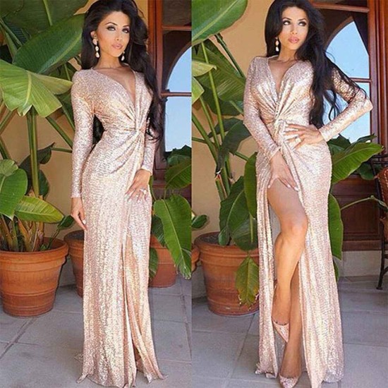 Long Sleeves Champagne Prom Dresses |Deep V-neck Sequins Chic Slit Evening Dress