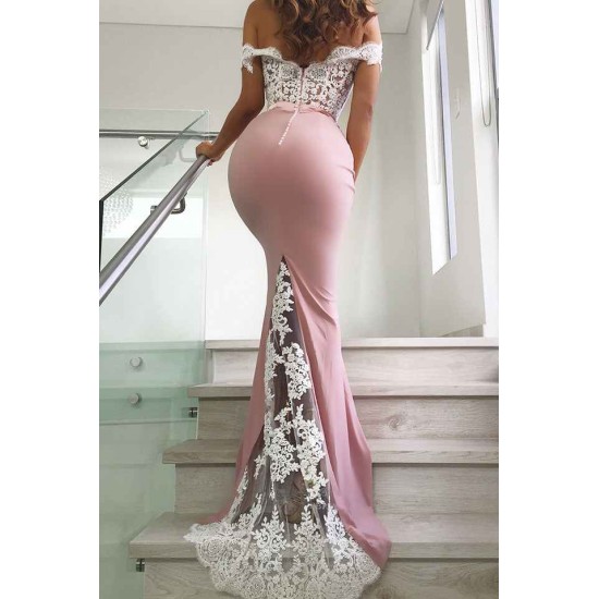 Off-the-Shoulder Mermaid Chic Pink Prom Dresses Lace Long Evening Dresses