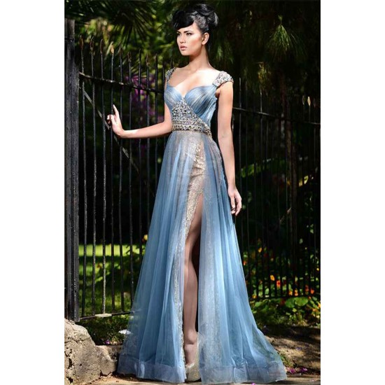 Chic Long Blue Formal Evening Dresses Tulle Crystal Chic Slit Prom Dresses