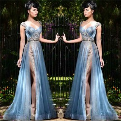 Chic Long Blue Formal Evening Dresses Tulle Crystal Chic Slit Prom Dresses
