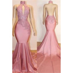 Halter Backless Mermaid Appliques Long Train Prom Dresses