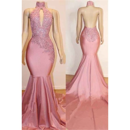 Halter Backless Mermaid Appliques Long Train Prom Dresses