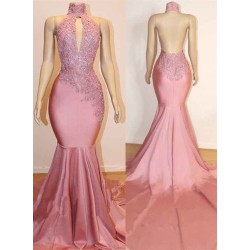 Halter Backless Mermaid Appliques Long Train Prom Dresses