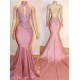 Halter Backless Mermaid Appliques Long Train Prom Dresses