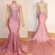 Halter Backless Mermaid Appliques Long Train Prom Dresses