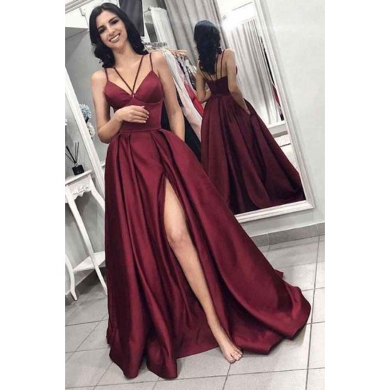 Chic Sleeveless Front Split Prom Gown Burgundy Spaghetti-Straps A-Line Evening Dress