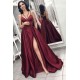 Chic Sleeveless Front Split Prom Gown Burgundy Spaghetti-Straps A-Line Evening Dress