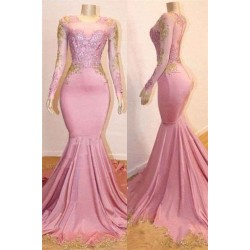 Pink Appliques Long Sleevess Prom Dresses New Arrival Gorgeous Mermaid Evening Gowns