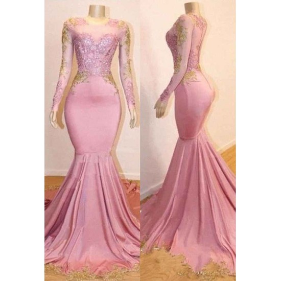 Pink Appliques Long Sleevess Prom Dresses New Arrival Gorgeous Mermaid Evening Gowns