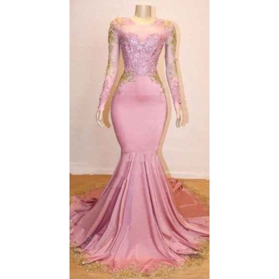 Pink Appliques Long Sleevess Prom Dresses New Arrival Gorgeous Mermaid Evening Gowns