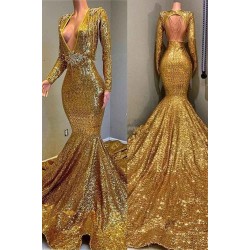 Gorgeous Mermaid Sequins Long Sleevess Floor Length Prom Dresses