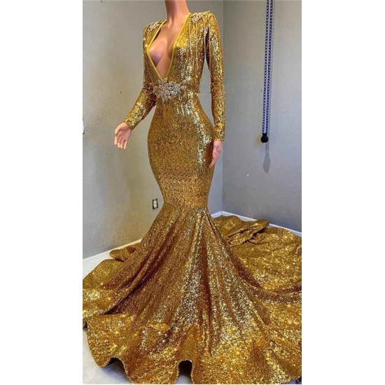 Gorgeous Mermaid Sequins Long Sleevess Floor Length Prom Dresses