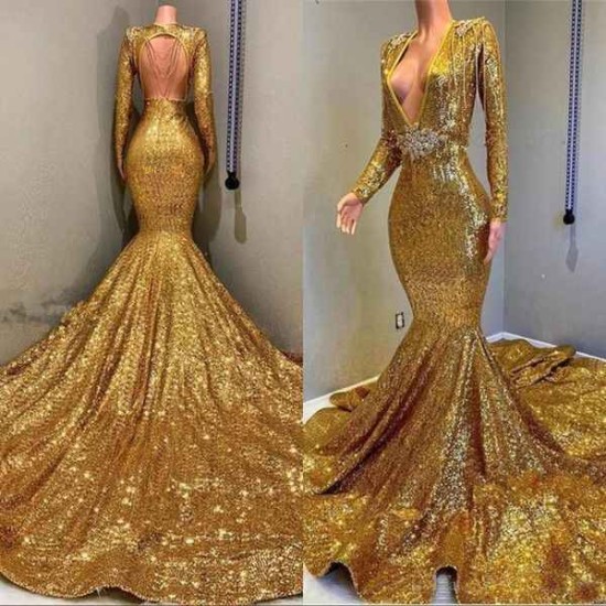 Gorgeous Mermaid Sequins Long Sleevess Floor Length Prom Dresses
