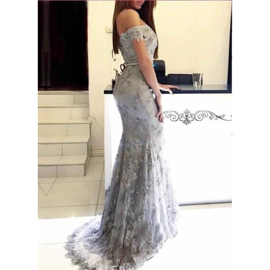 Mermaid Off-the-Shoulder Prom Dresses Sweetheart Long Silver Evening Gowns