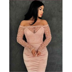 Gorgeous Mermaid Off-the-Shoulder Prom Gowns Long Sleeves Lace Evening Dresses