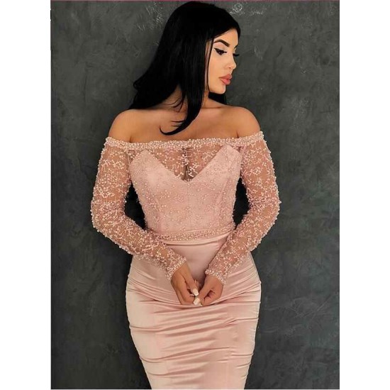 Gorgeous Mermaid Off-the-Shoulder Prom Gowns Long Sleeves Lace Evening Dresses