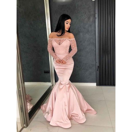 Gorgeous Mermaid Off-the-Shoulder Prom Gowns Long Sleeves Lace Evening Dresses