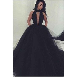 Amazing Black V-Neck Tulle Ball-Gown Prom Party Gowns